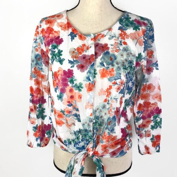 Zara Tops - Zara Floral Tie Front Blouse Long Sleeve Button Down Multi Color Womens Sz Med
